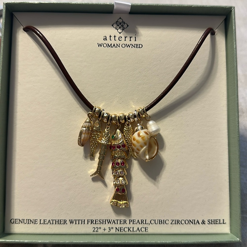 Atterri Sardine And Shell Charm Necklace 22 With Genuine Leather 25$